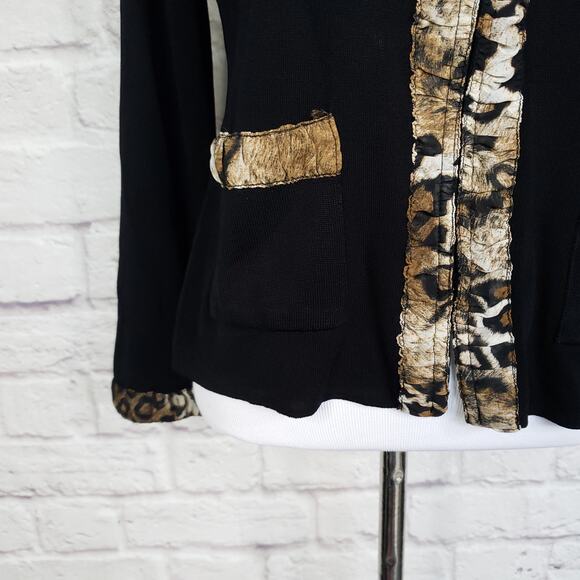 Exclusively Misook Black Full Zip Front Jacket Animal Print Trim Pockets Size XS - Picture 4 of 13